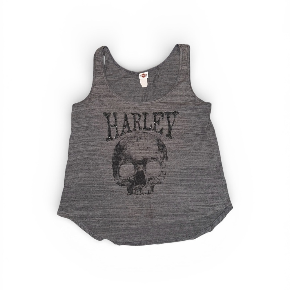 Y2K Style Harley-Davidson Medium Women Charcoal Rhinestone Skull Tank Top